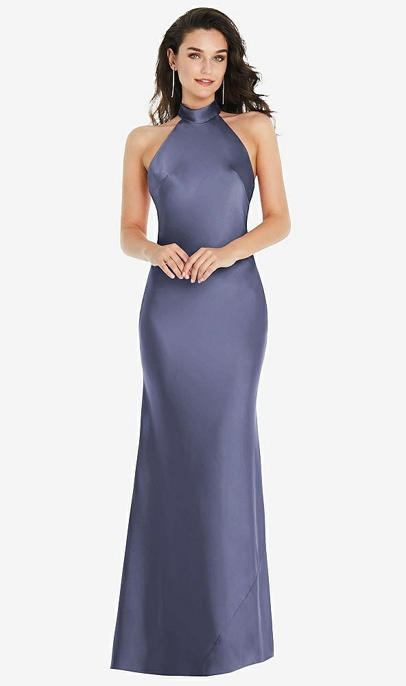 Front View - French Blue Scarf Tie High-Neck Halter Maxi Slip Dress