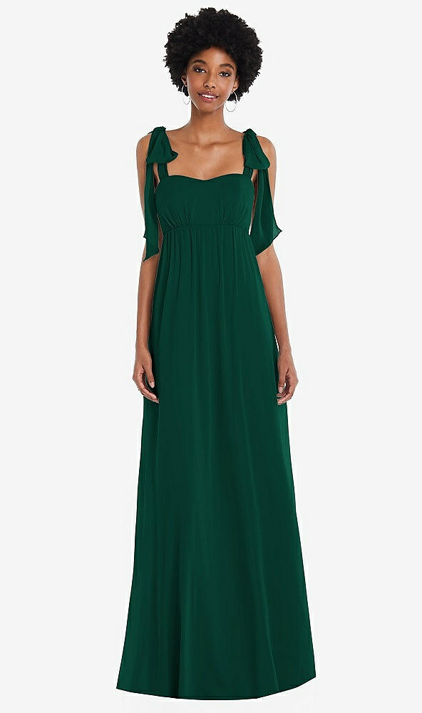 Front View - Hunter Green Convertible Tie-Shoulder Empire Waist Maxi Dress