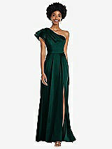 Front View Thumbnail - Evergreen Draped One-Shoulder Flutter Sleeve Maxi Dress with Front Slit