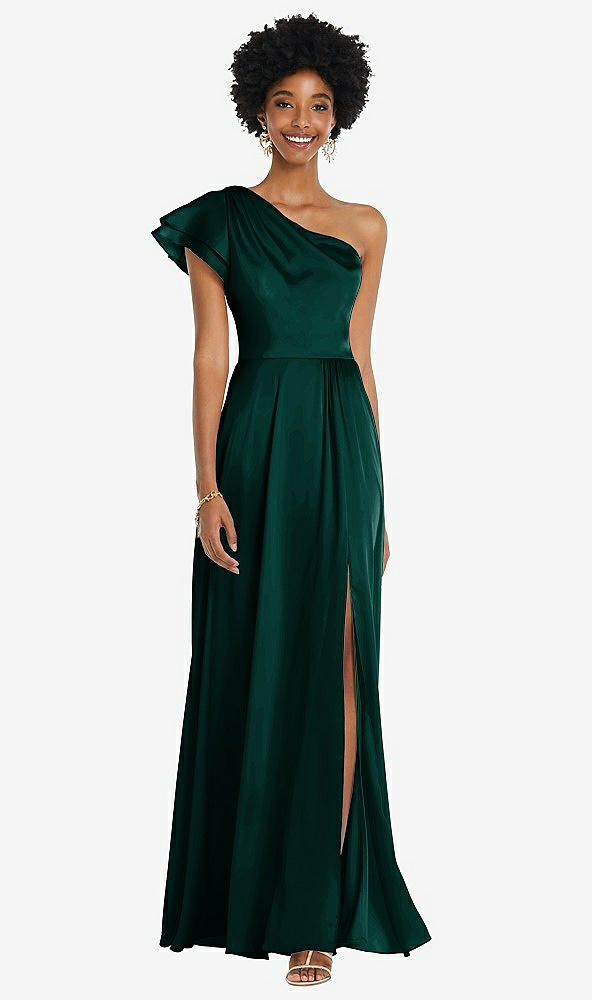 Front View - Evergreen Draped One-Shoulder Flutter Sleeve Maxi Dress with Front Slit