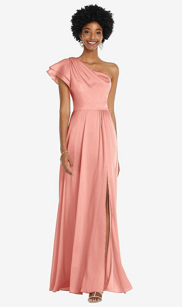 Front View - Rose - PANTONE Rose Quartz Draped One-Shoulder Flutter Sleeve Maxi Dress with Front Slit