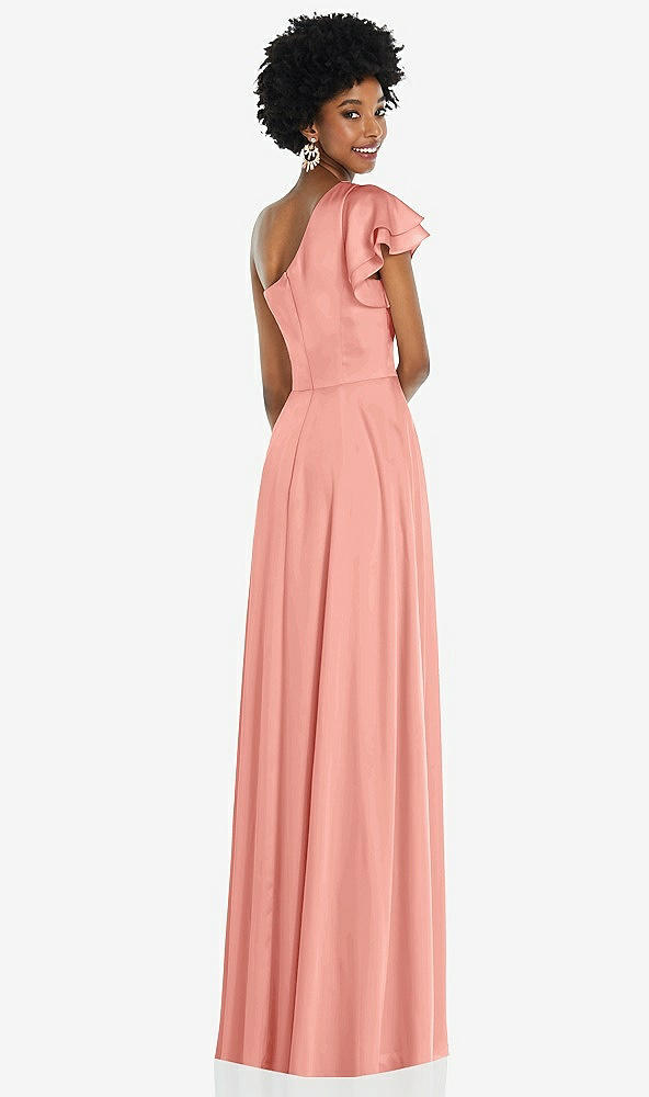Back View - Rose - PANTONE Rose Quartz Draped One-Shoulder Flutter Sleeve Maxi Dress with Front Slit
