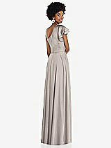Rear View Thumbnail - Taupe Draped One-Shoulder Flutter Sleeve Maxi Dress with Front Slit