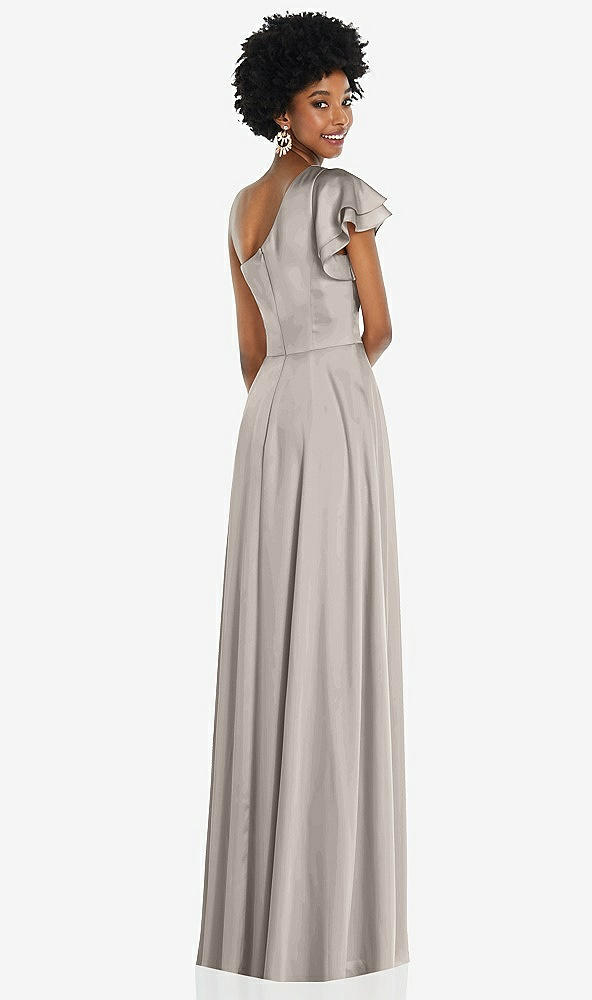 Back View - Taupe Draped One-Shoulder Flutter Sleeve Maxi Dress with Front Slit