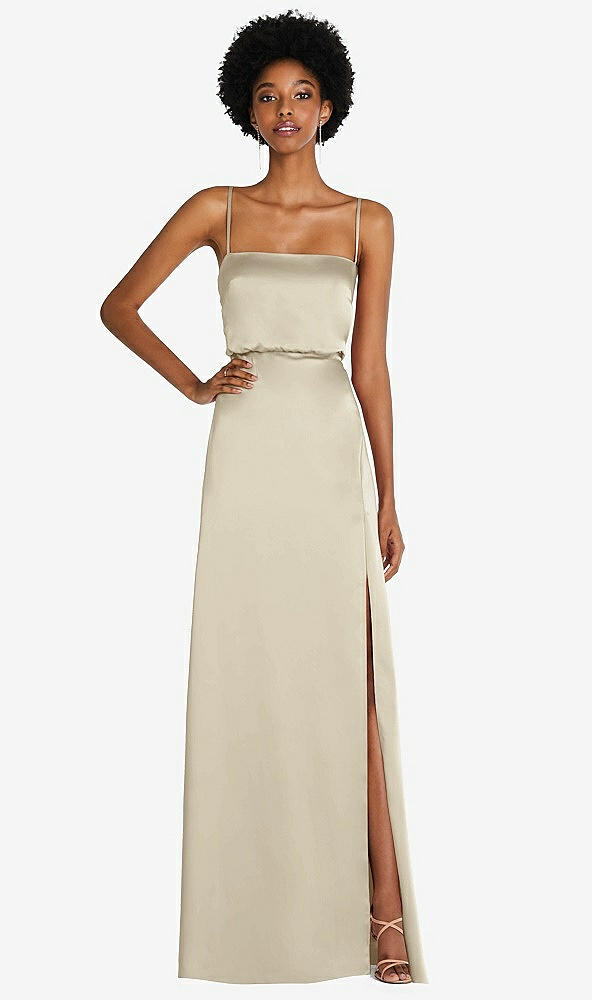Front View - Champagne Low Tie-Back Maxi Dress with Adjustable Skinny Straps