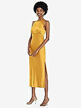 Front View Thumbnail - NYC Yellow Jewel Neck Sleeveless Midi Dress with Bias Skirt