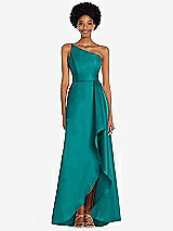 Front View Thumbnail - Jade One-Shoulder Satin Gown with Draped Front Slit and Pockets