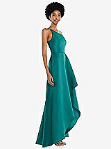Side View Thumbnail - Jade One-Shoulder Satin Gown with Draped Front Slit and Pockets