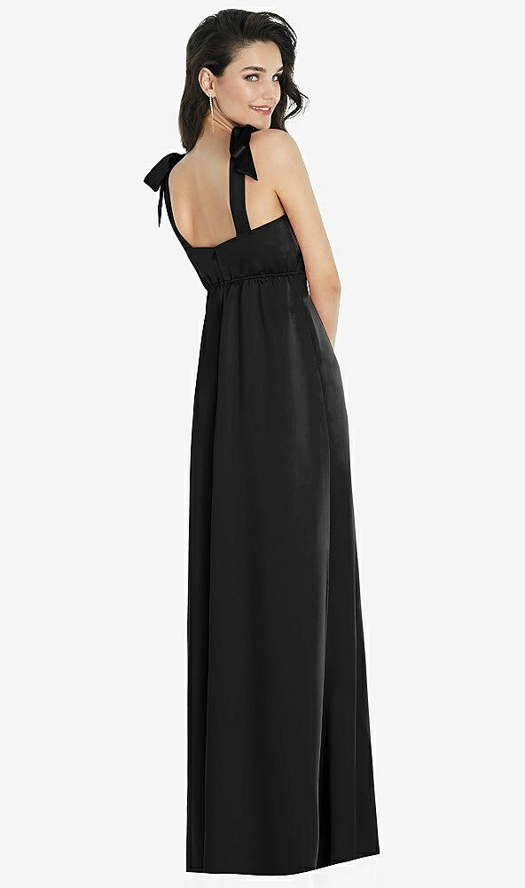 Back View - Black Flat Tie-Shoulder Empire Waist Maxi Dress with Front Slit