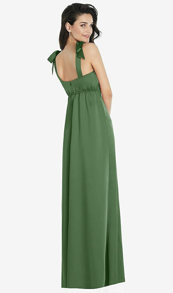 Back View - Vineyard Green Flat Tie-Shoulder Empire Waist Maxi Dress with Front Slit