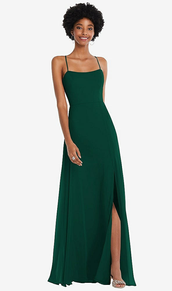 Front View - Hunter Green Scoop Neck Convertible Tie-Strap Maxi Dress with Front Slit