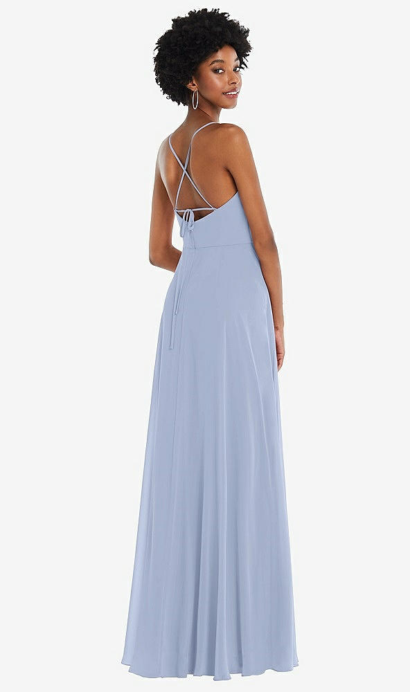 Back View - Sky Blue Scoop Neck Convertible Tie-Strap Maxi Dress with Front Slit