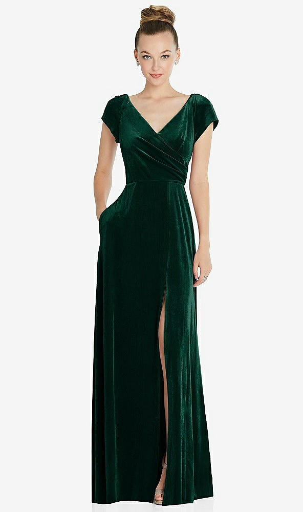 Front View - Evergreen Cap Sleeve Faux Wrap Velvet Maxi Dress with Pockets