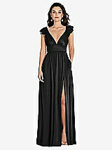 Front View Thumbnail - Black Deep V-Neck Ruffle Cap Sleeve Maxi Dress with Convertible Straps