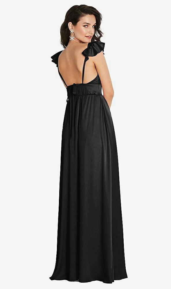 Back View - Black Deep V-Neck Ruffle Cap Sleeve Maxi Dress with Convertible Straps