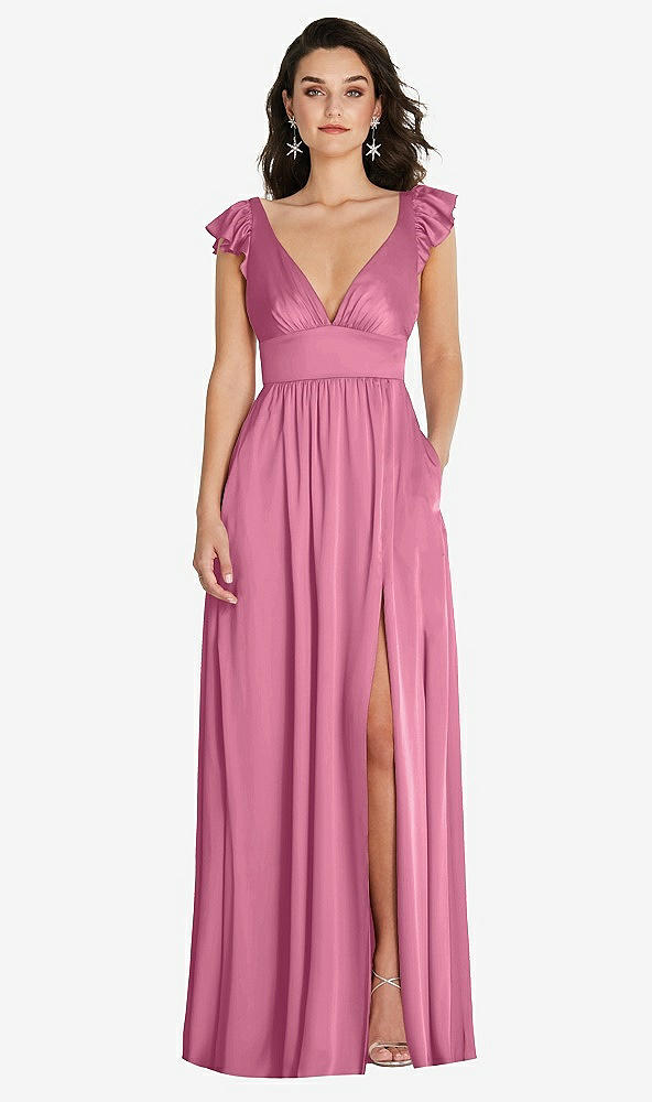 Front View - Orchid Pink Deep V-Neck Ruffle Cap Sleeve Maxi Dress with Convertible Straps