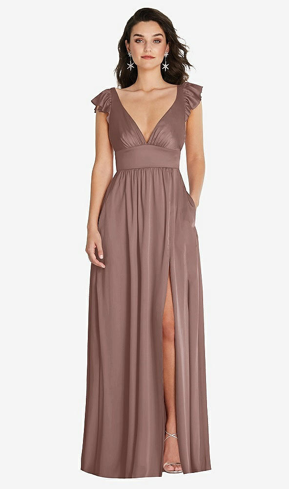 Front View - Sienna Deep V-Neck Ruffle Cap Sleeve Maxi Dress with Convertible Straps