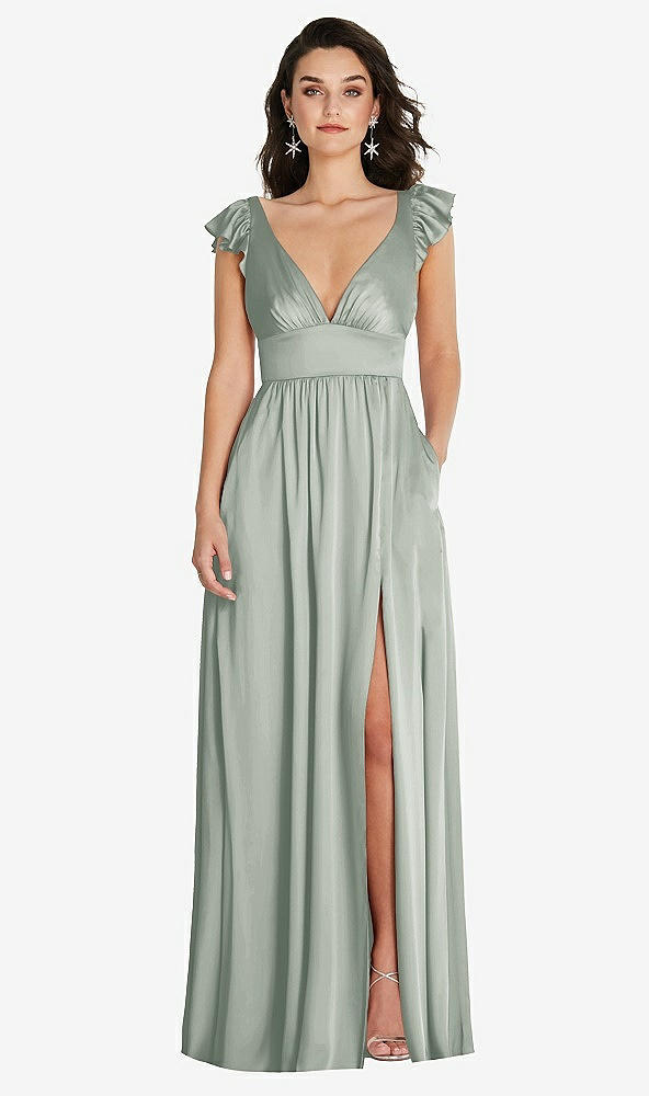 Front View - Willow Green Deep V-Neck Ruffle Cap Sleeve Maxi Dress with Convertible Straps