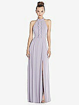 Front View Thumbnail - Moondance Halter Backless Maxi Dress with Crystal Button Ruffle Placket