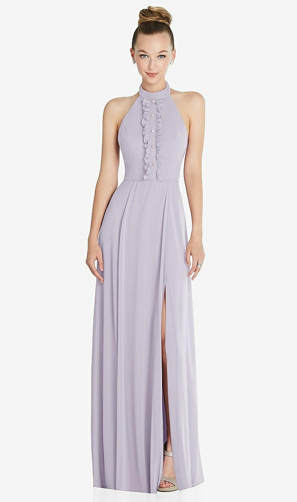 Front View - Moondance Halter Backless Maxi Dress with Crystal Button Ruffle Placket