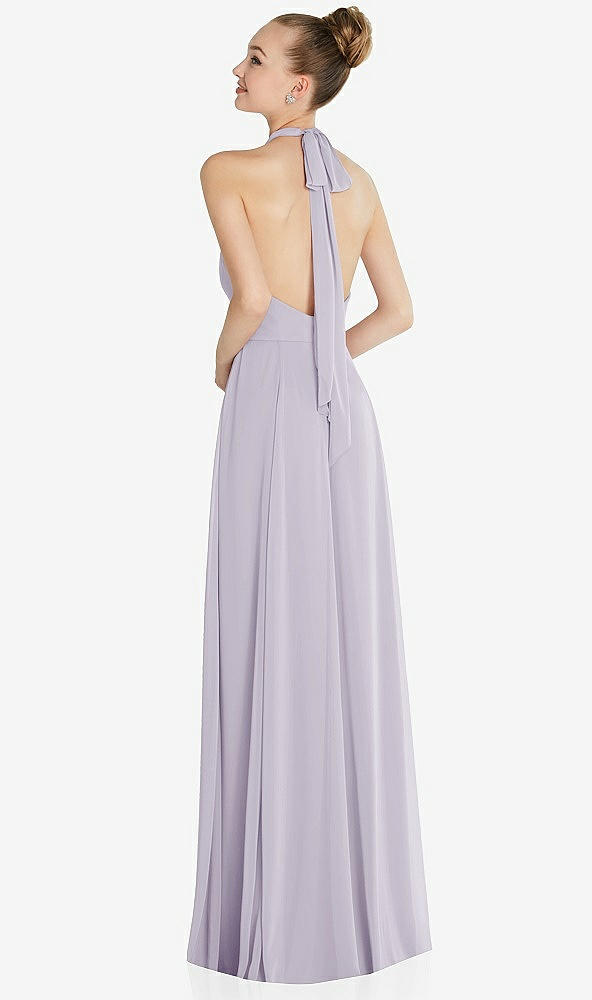 Back View - Moondance Halter Backless Maxi Dress with Crystal Button Ruffle Placket