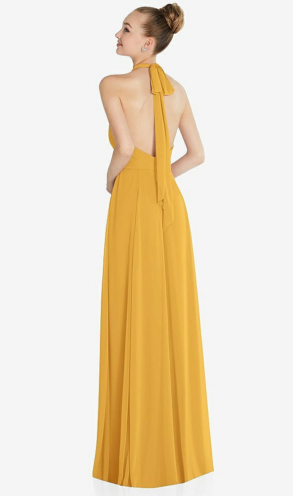 Back View - NYC Yellow Halter Backless Maxi Dress with Crystal Button Ruffle Placket