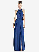 Front View Thumbnail - Classic Blue Halter Backless Maxi Dress with Crystal Button Ruffle Placket