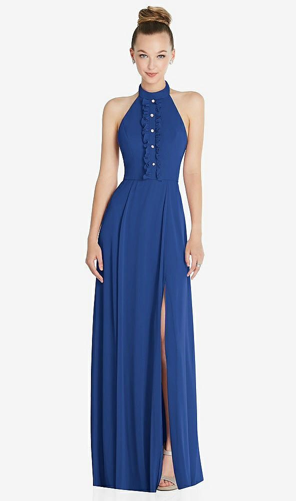 Front View - Classic Blue Halter Backless Maxi Dress with Crystal Button Ruffle Placket