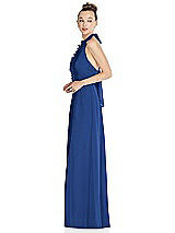 Side View Thumbnail - Classic Blue Halter Backless Maxi Dress with Crystal Button Ruffle Placket