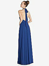 Rear View Thumbnail - Classic Blue Halter Backless Maxi Dress with Crystal Button Ruffle Placket