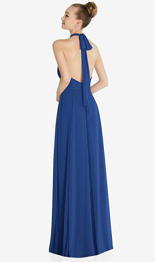 Back View - Classic Blue Halter Backless Maxi Dress with Crystal Button Ruffle Placket