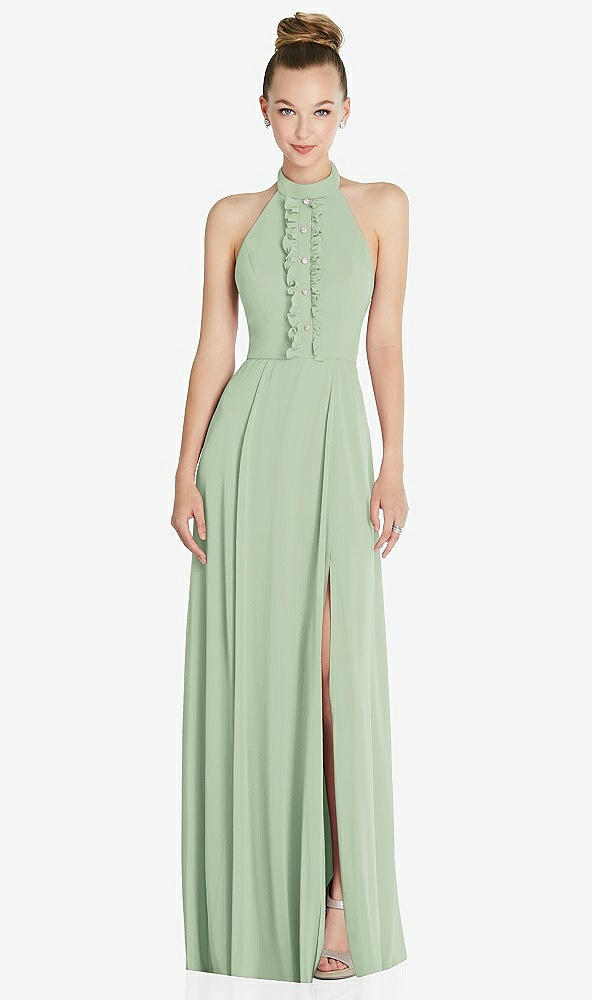 Front View - Celadon Halter Backless Maxi Dress with Crystal Button Ruffle Placket