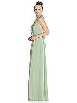 Side View Thumbnail - Celadon Halter Backless Maxi Dress with Crystal Button Ruffle Placket