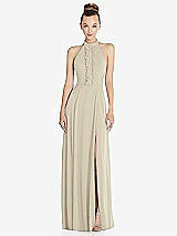 Front View Thumbnail - Champagne Halter Backless Maxi Dress with Crystal Button Ruffle Placket
