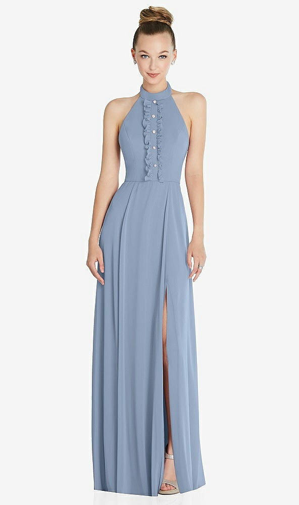 Front View - Cloudy Halter Backless Maxi Dress with Crystal Button Ruffle Placket