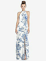 Front View Thumbnail - Cottage Rose Dusk Blue Halter Backless Maxi Dress with Crystal Button Ruffle Placket