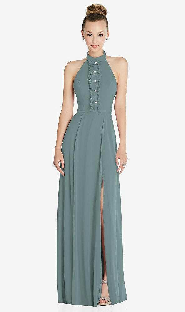 Front View - Icelandic Halter Backless Maxi Dress with Crystal Button Ruffle Placket
