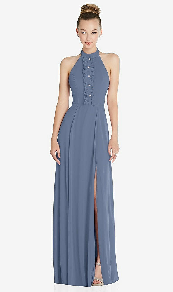 Front View - Larkspur Blue Halter Backless Maxi Dress with Crystal Button Ruffle Placket