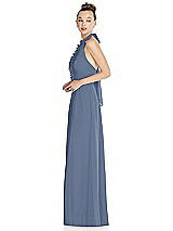 Side View Thumbnail - Larkspur Blue Halter Backless Maxi Dress with Crystal Button Ruffle Placket