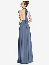 Rear View Thumbnail - Larkspur Blue Halter Backless Maxi Dress with Crystal Button Ruffle Placket