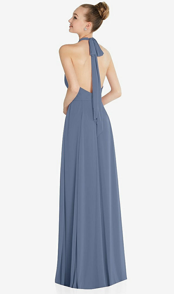 Back View - Larkspur Blue Halter Backless Maxi Dress with Crystal Button Ruffle Placket