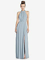 Front View Thumbnail - Mist Halter Backless Maxi Dress with Crystal Button Ruffle Placket