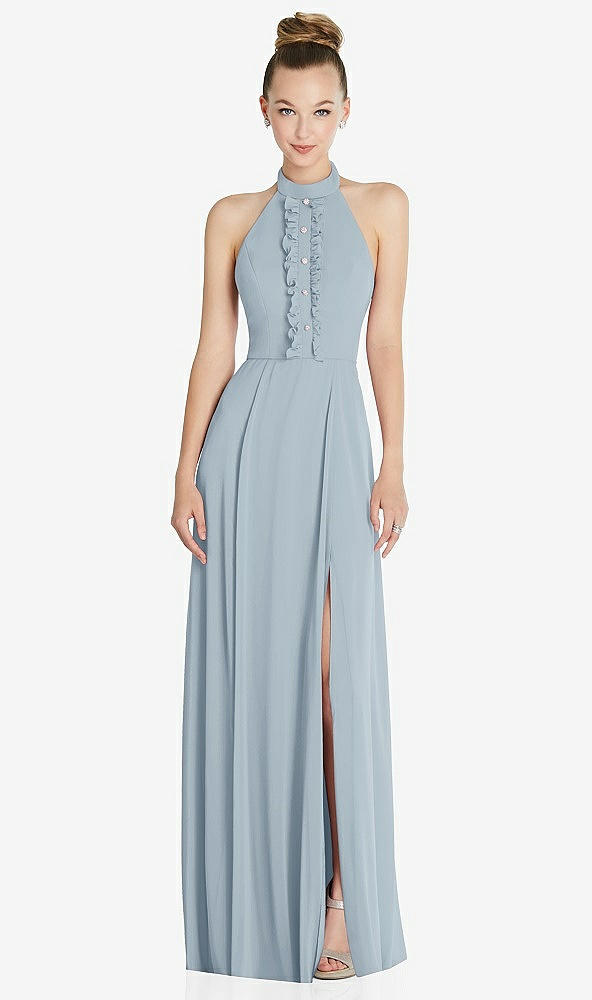 Front View - Mist Halter Backless Maxi Dress with Crystal Button Ruffle Placket