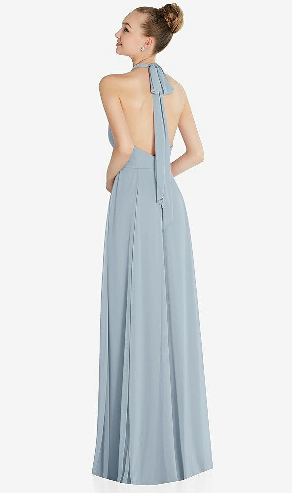 Back View - Mist Halter Backless Maxi Dress with Crystal Button Ruffle Placket
