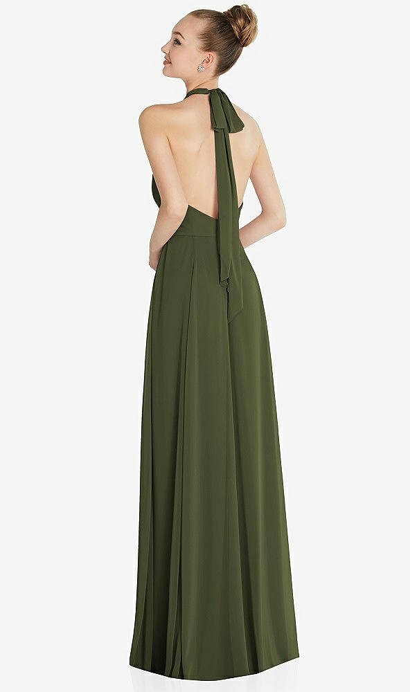Back View - Olive Green Halter Backless Maxi Dress with Crystal Button Ruffle Placket