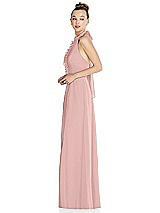 Side View Thumbnail - Rose - PANTONE Rose Quartz Halter Backless Maxi Dress with Crystal Button Ruffle Placket