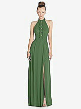 Front View Thumbnail - Vineyard Green Halter Backless Maxi Dress with Crystal Button Ruffle Placket