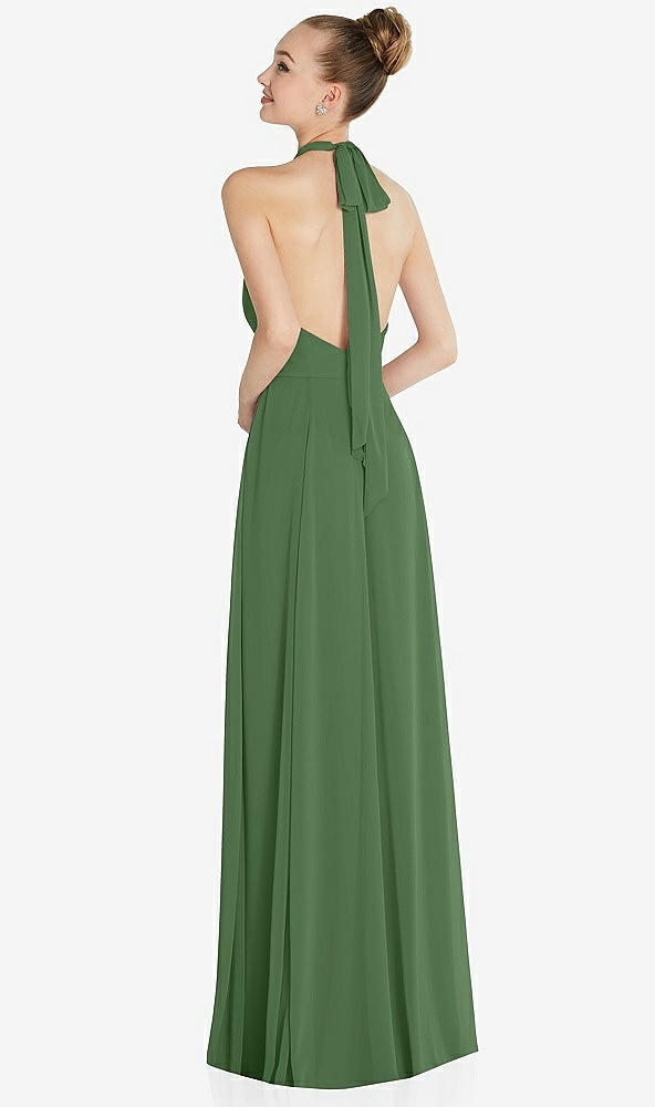 Back View - Vineyard Green Halter Backless Maxi Dress with Crystal Button Ruffle Placket