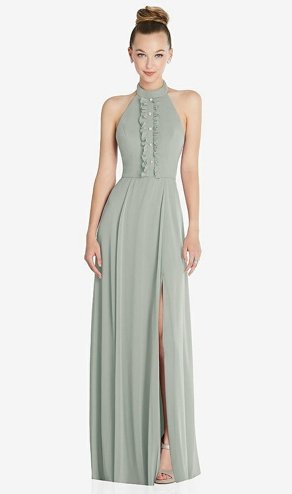 Front View - Willow Green Halter Backless Maxi Dress with Crystal Button Ruffle Placket
