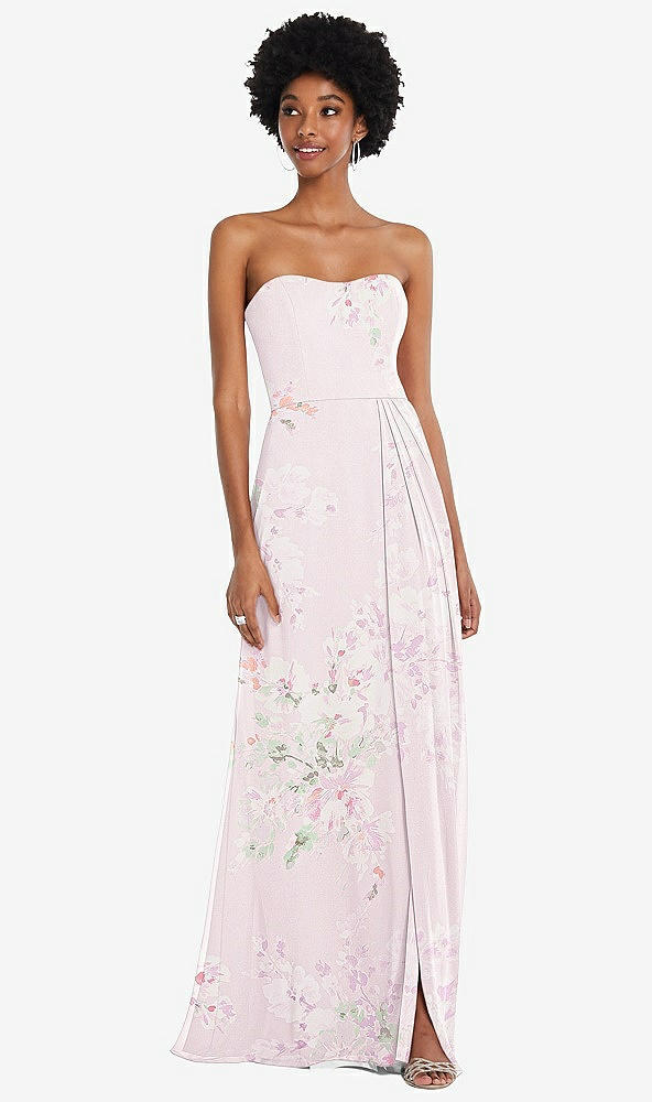 Front View - Watercolor Print Strapless Sweetheart Maxi Dress with Pleated Front Slit 